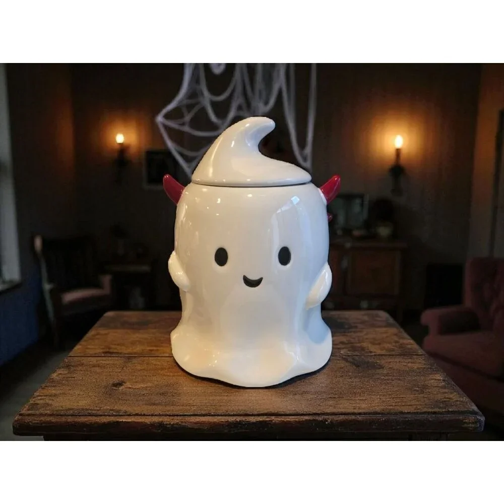New Halloween Spooky Ceramic Devil Ghost W/ Horns Cookie Jar Decorative